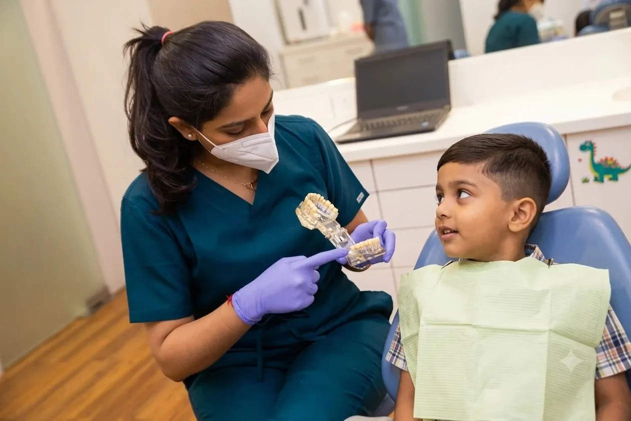 Dr. Upasana Gosalia showing a young patient a dental model at i-Smile, Ghatkopar East